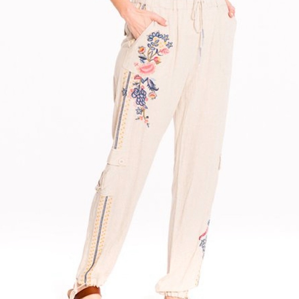 Paparazzi by Biz Floral Embroidered Linen‎ Cargo Jogger Pant Cream Medium